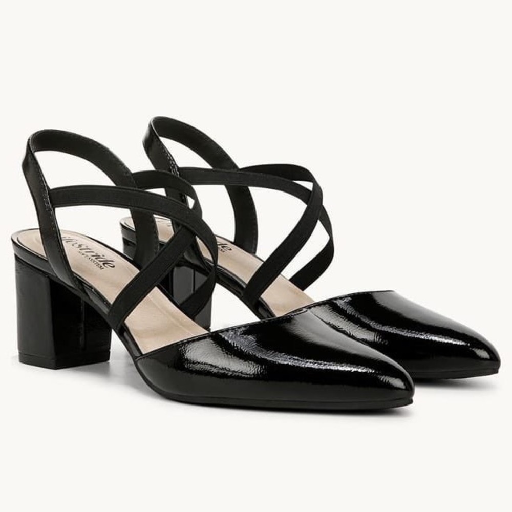 LifeStride April Black Faux Leather Wide Slingback Block Heel Pump Womens 8W